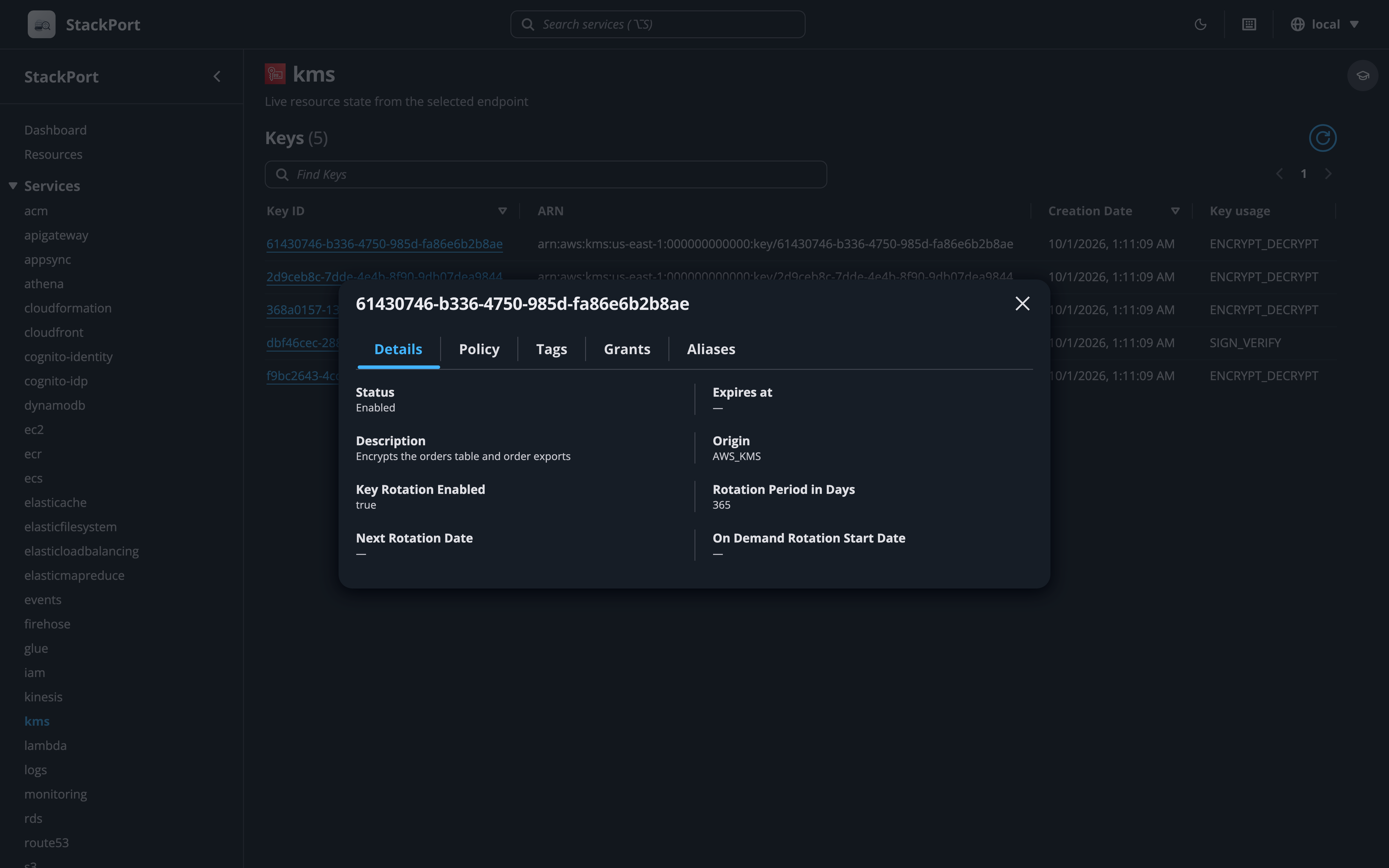 KMS browser showing a key with its policy