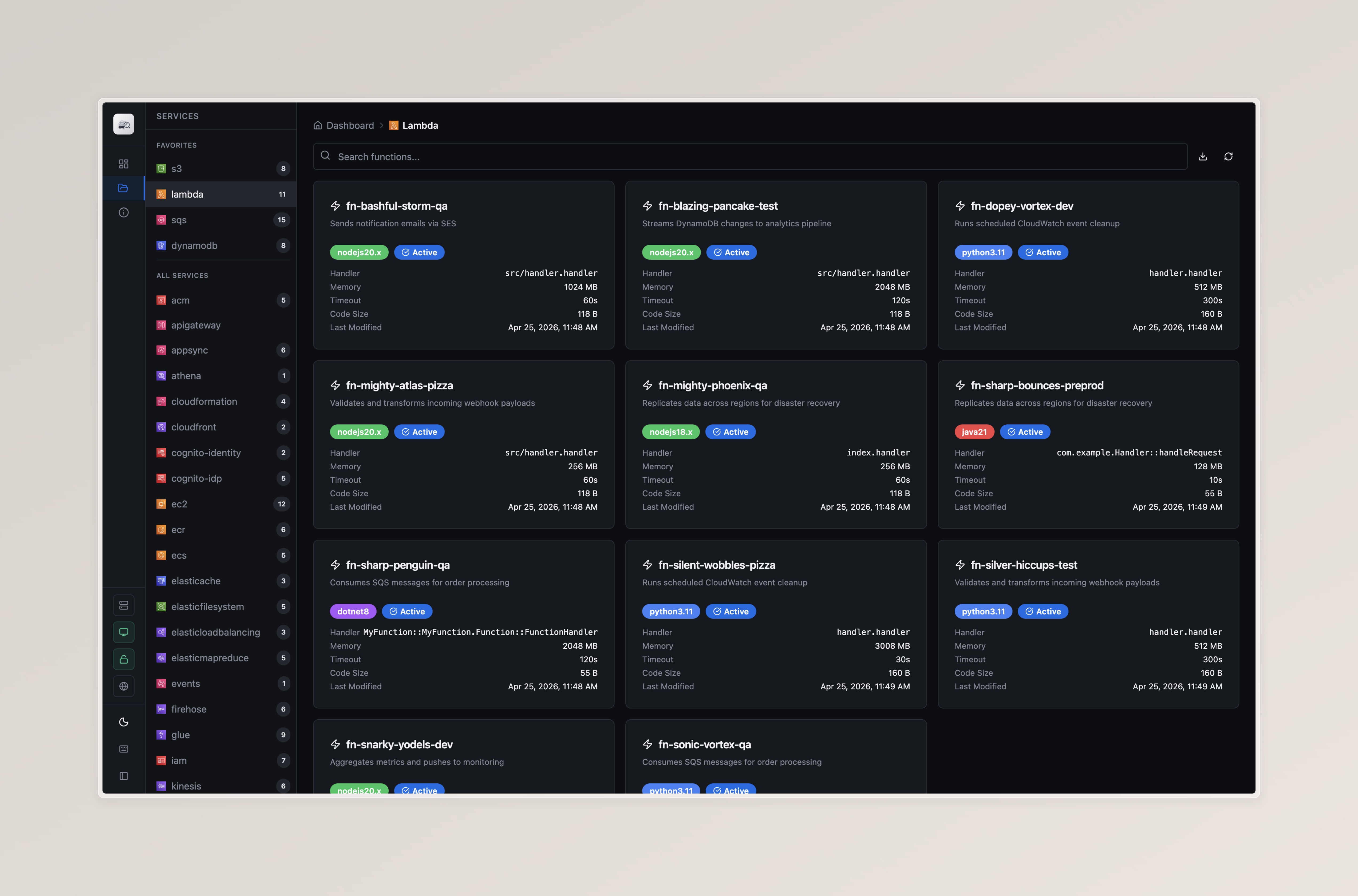 Lambda browser showing function details and invocation panel