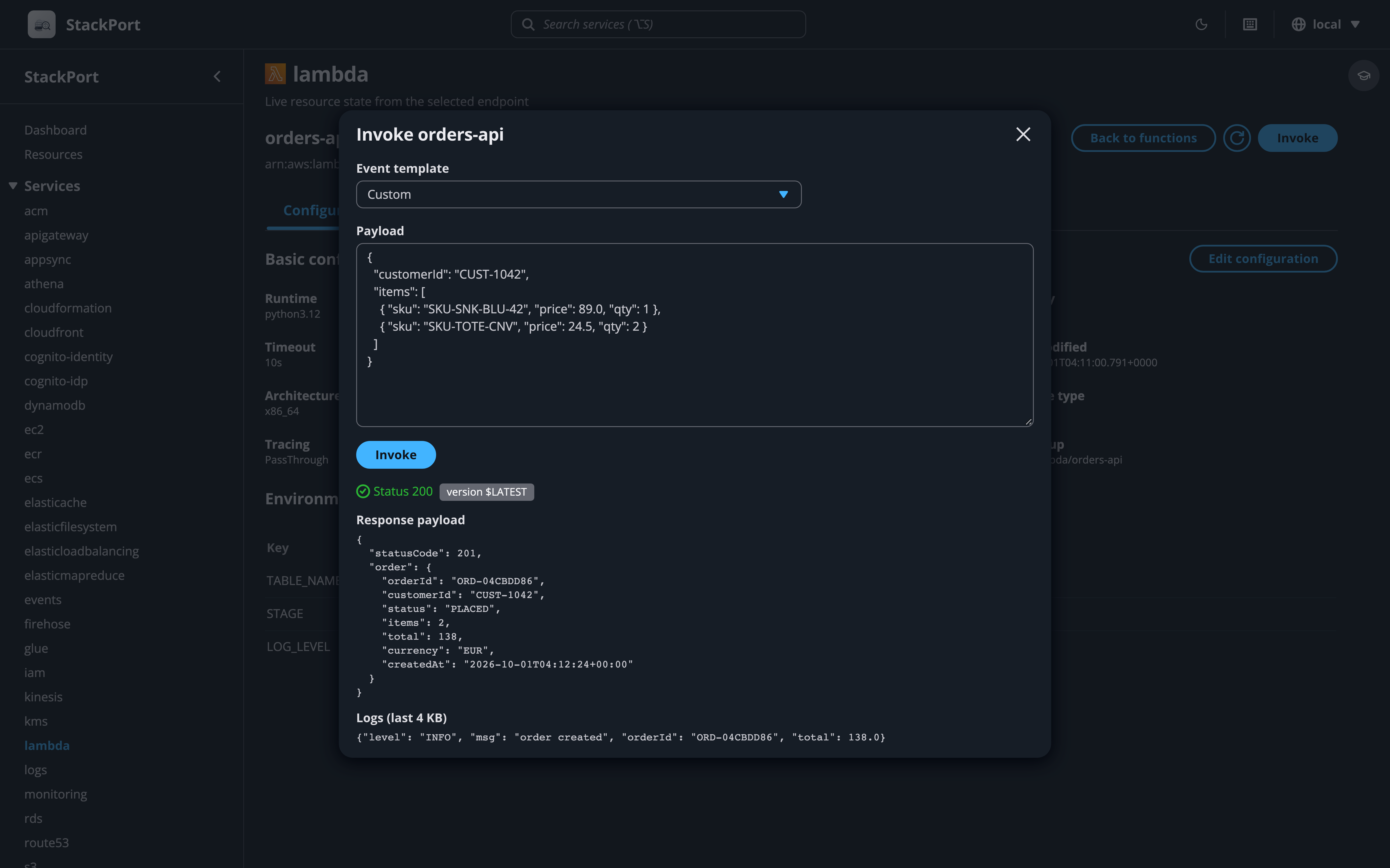 Lambda browser showing function configuration