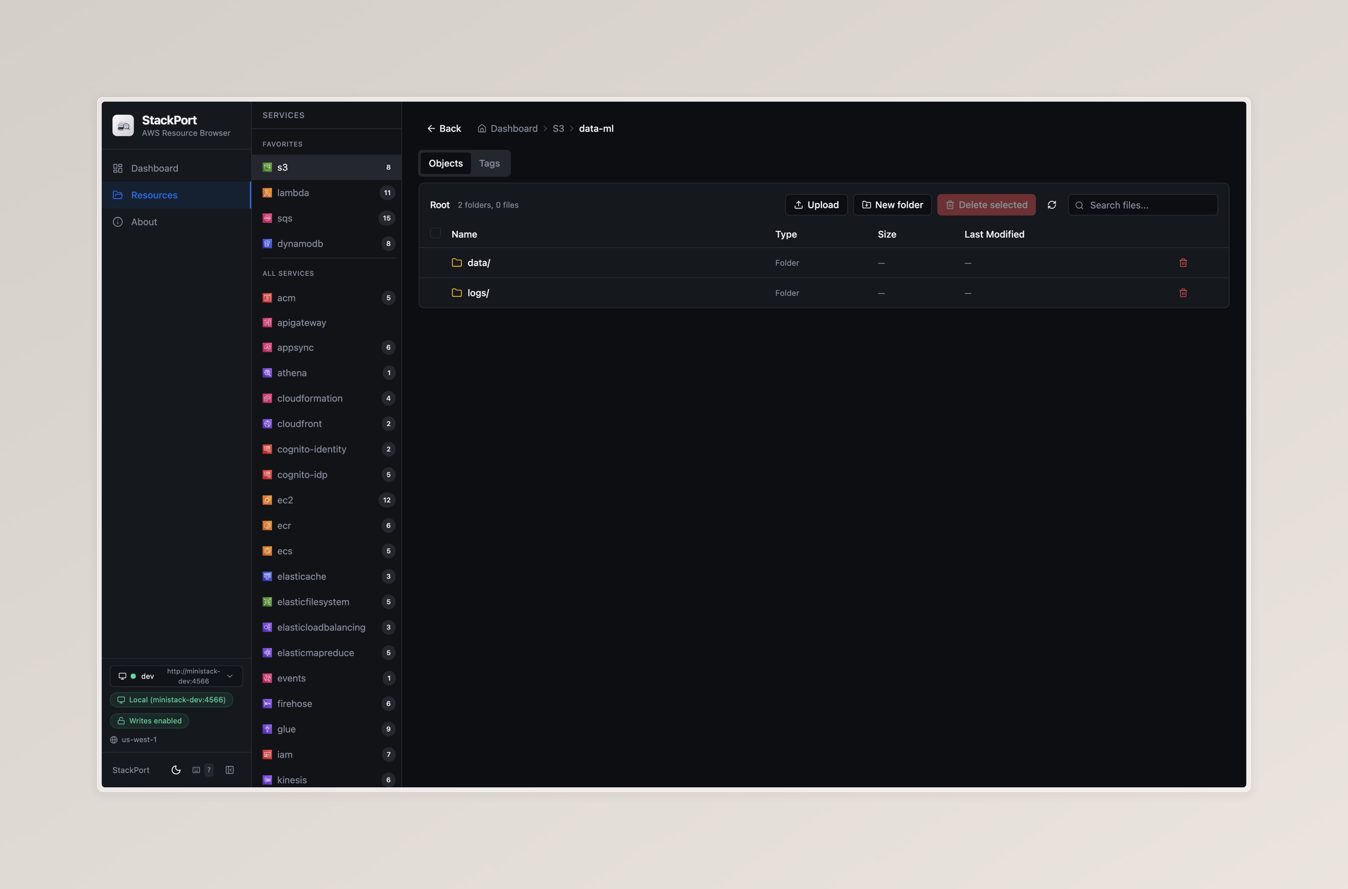 S3 browser with file upload and folder navigation