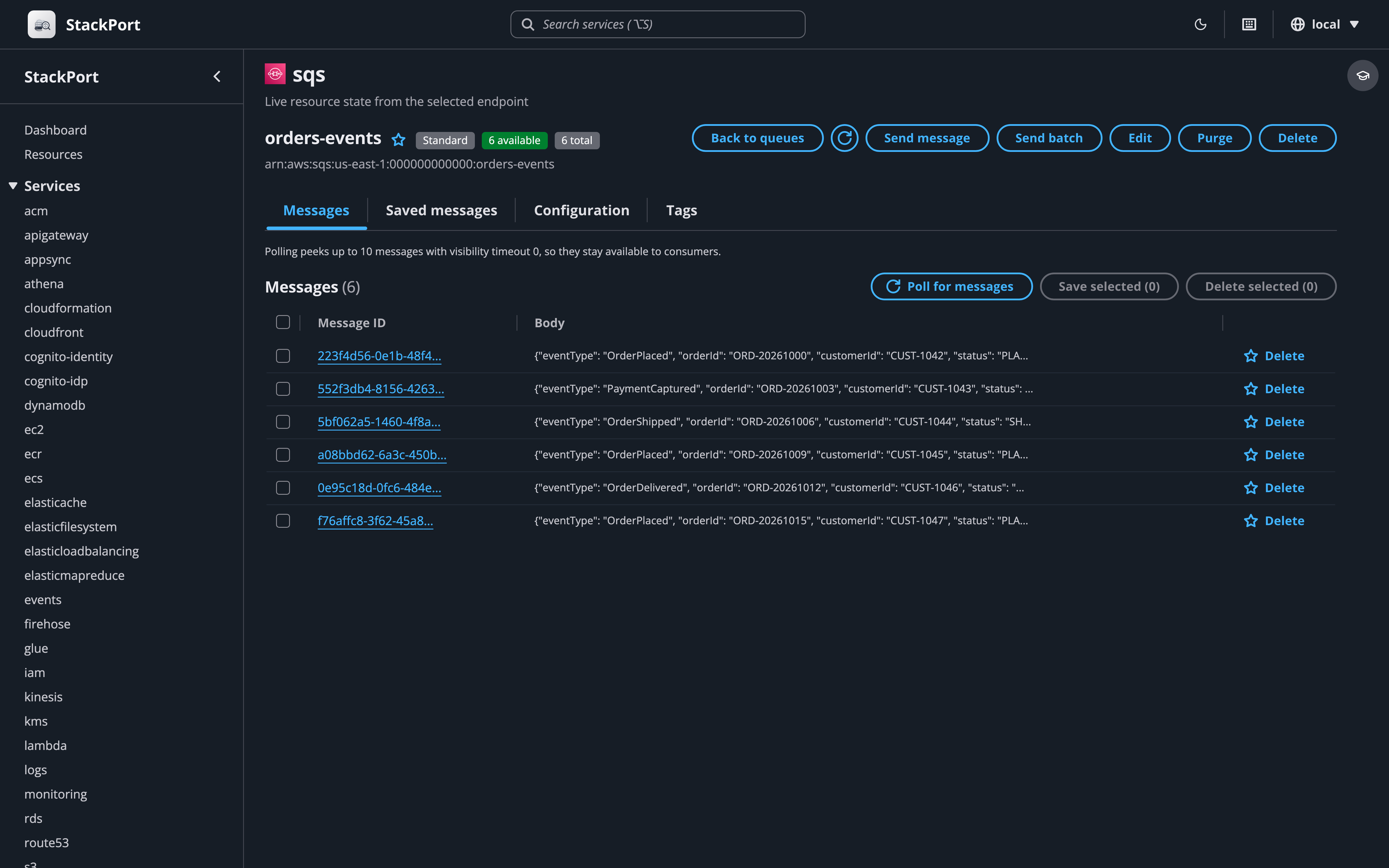 SQS browser with queues and message counts